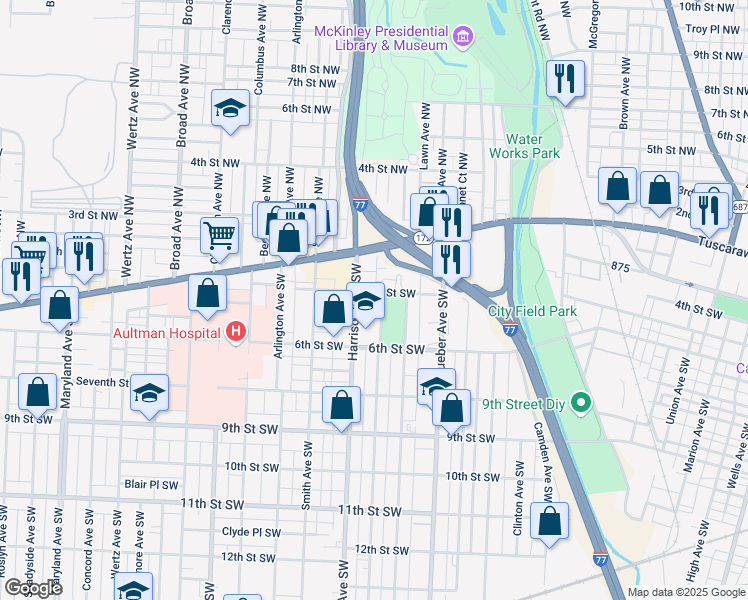 map of restaurants, bars, coffee shops, grocery stores, and more near 138 Harrison Avenue Southwest in Canton