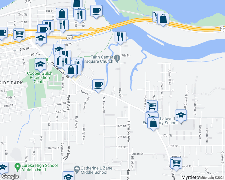 map of restaurants, bars, coffee shops, grocery stores, and more near 1324 Bay Street in Eureka