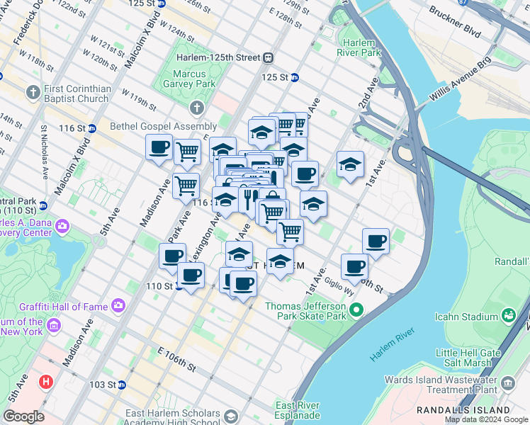 map of restaurants, bars, coffee shops, grocery stores, and more near in New York