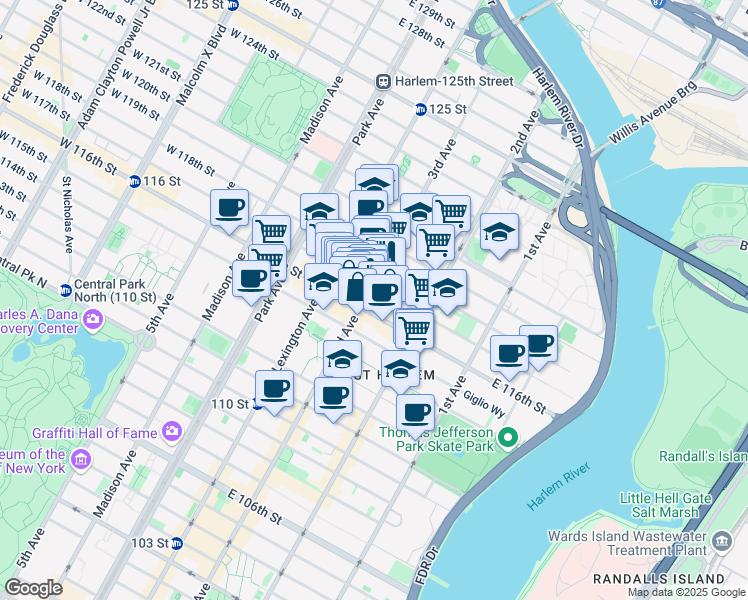 map of restaurants, bars, coffee shops, grocery stores, and more near 2139 3rd Avenue in New York
