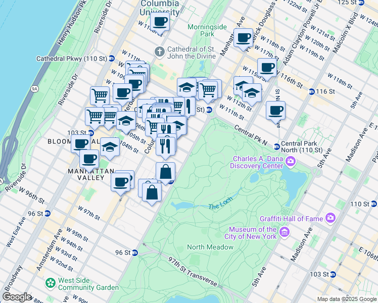 map of restaurants, bars, coffee shops, grocery stores, and more near 461 Central Park West in New York