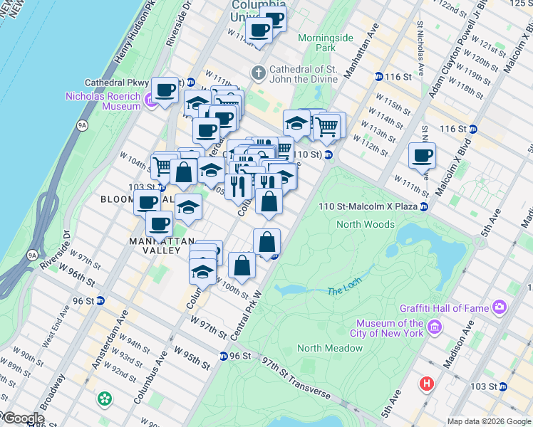 map of restaurants, bars, coffee shops, grocery stores, and more near 143-147 West 106th Street in New York