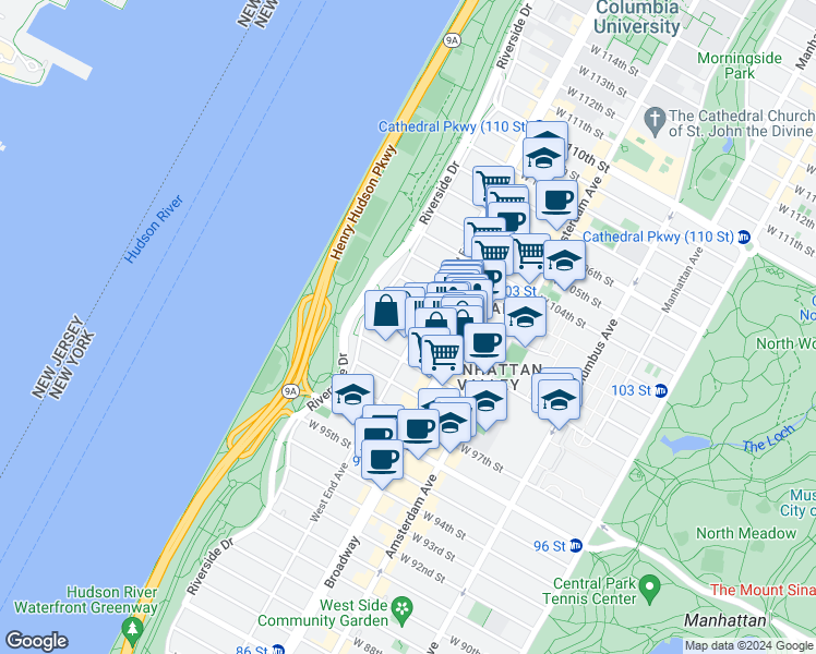 map of restaurants, bars, coffee shops, grocery stores, and more near 845 West End Avenue in New York