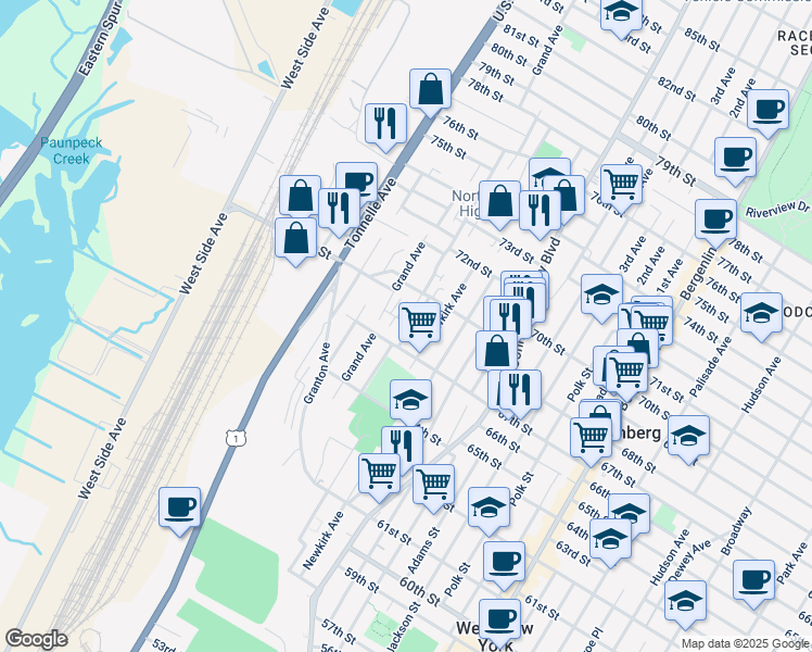 map of restaurants, bars, coffee shops, grocery stores, and more near 6812 Meadowview Avenue in North Bergen