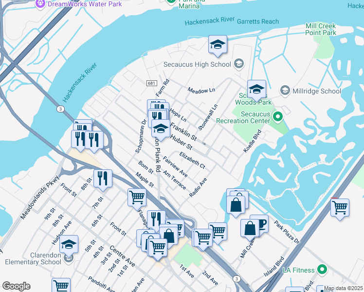 map of restaurants, bars, coffee shops, grocery stores, and more near 171 Huber Street in Secaucus