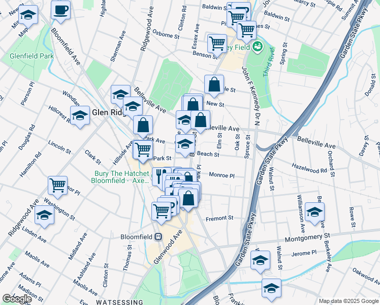 map of restaurants, bars, coffee shops, grocery stores, and more near 128 Broad Street in Bloomfield