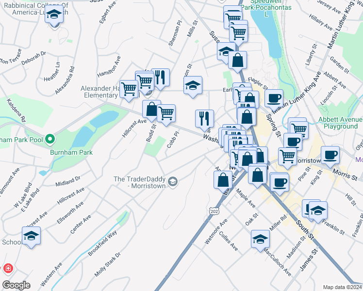 map of restaurants, bars, coffee shops, grocery stores, and more near 19 Phoenix Avenue in Morristown