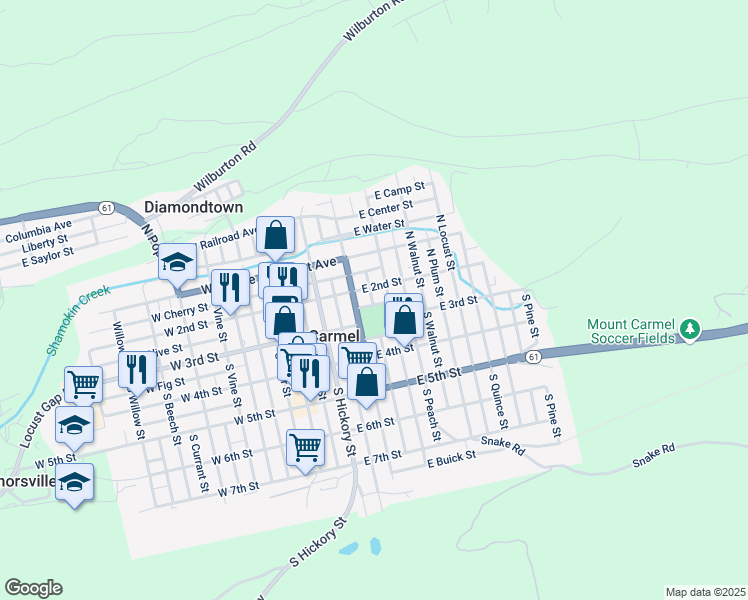 map of restaurants, bars, coffee shops, grocery stores, and more near 164-198 East 2nd Street in Mount Carmel