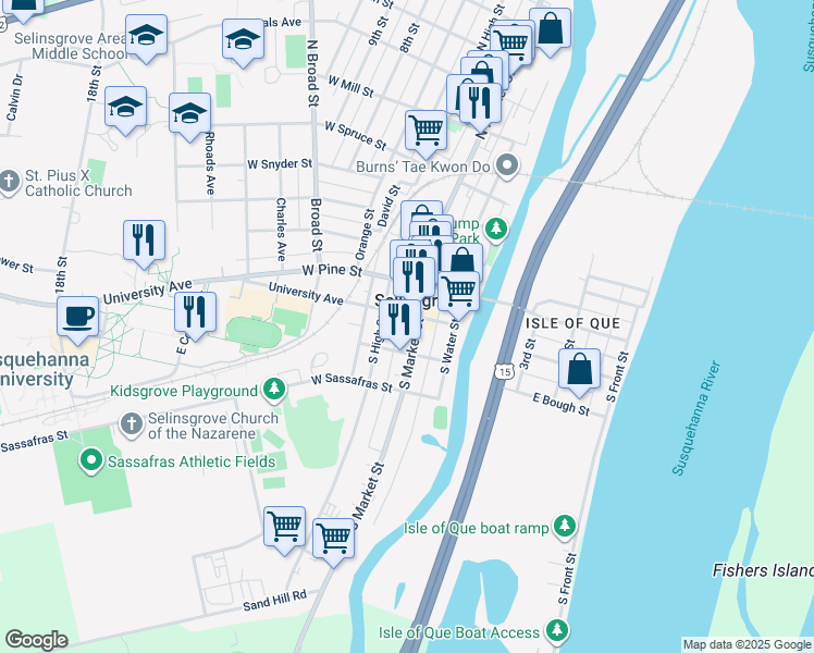 map of restaurants, bars, coffee shops, grocery stores, and more near 9 University Avenue in Selinsgrove