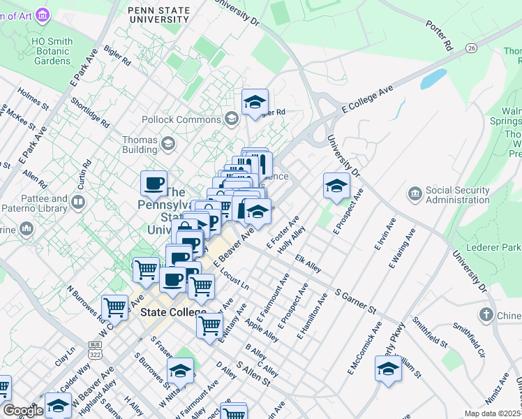 map of restaurants, bars, coffee shops, grocery stores, and more near 478 East Calder Way in State College