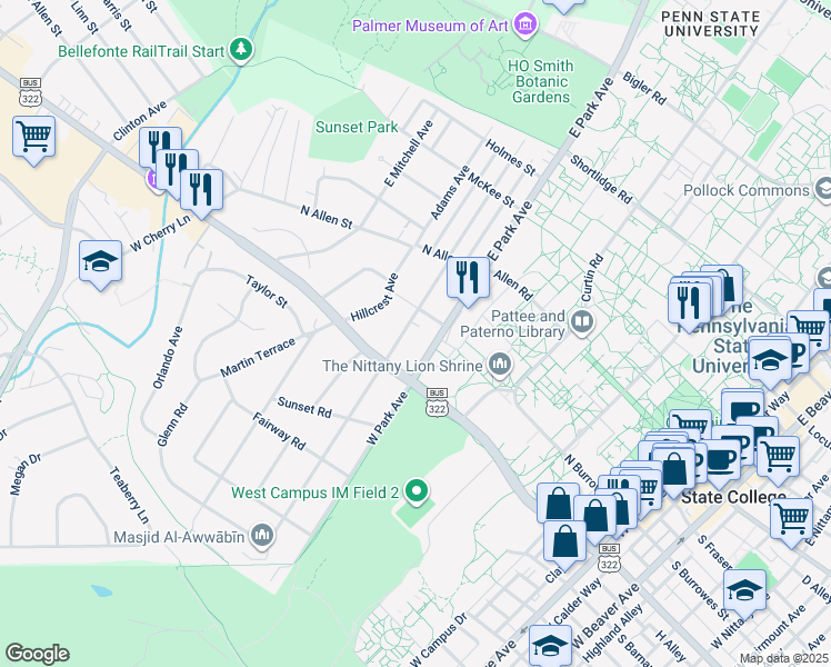 map of restaurants, bars, coffee shops, grocery stores, and more near 524 Burrowes Road in State College
