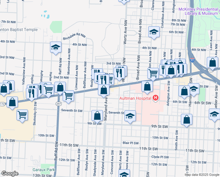 map of restaurants, bars, coffee shops, grocery stores, and more near 3107 Tuscarawas Street West in Canton