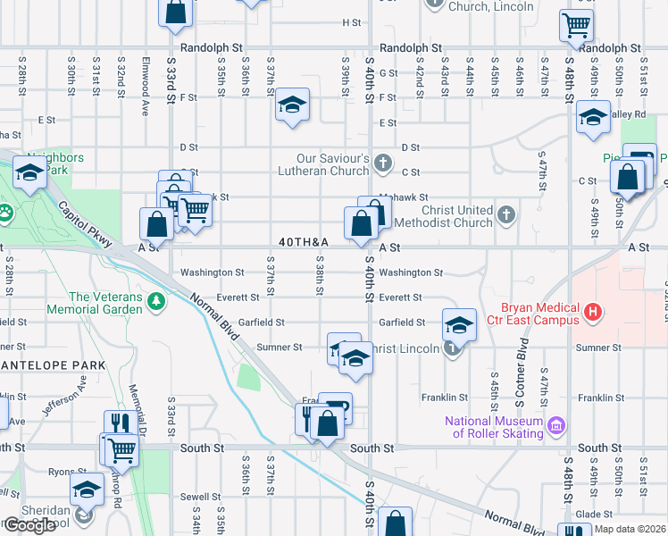 map of restaurants, bars, coffee shops, grocery stores, and more near 3845 A Street in Lincoln
