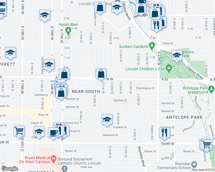 map of restaurants, bars, coffee shops, grocery stores, and more near 2125 A Street in Lincoln