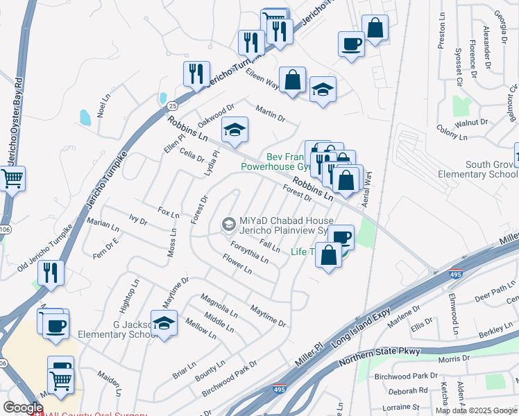map of restaurants, bars, coffee shops, grocery stores, and more near 27 Fortune Lane in Jericho