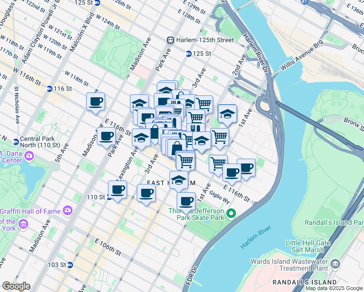 map of restaurants, bars, coffee shops, grocery stores, and more near 231 East 117th Street in New York