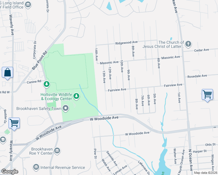 map of restaurants, bars, coffee shops, grocery stores, and more near 114 12th Avenue in Holtsville