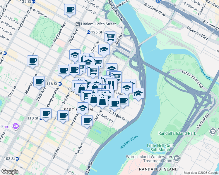 map of restaurants, bars, coffee shops, grocery stores, and more near 333 East 119th Street in New York