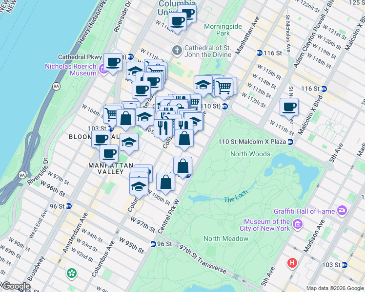 map of restaurants, bars, coffee shops, grocery stores, and more near 143-147 West 106th Street in New York