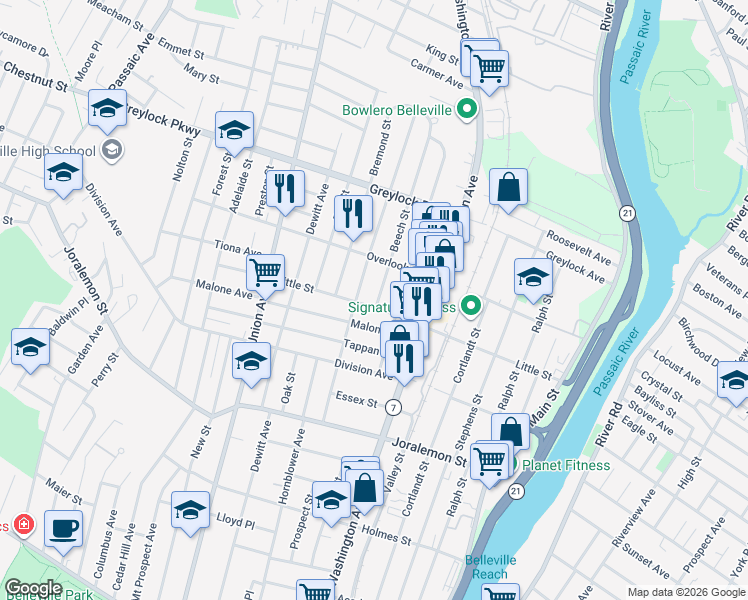 map of restaurants, bars, coffee shops, grocery stores, and more near 128 Linden Avenue in Belleville