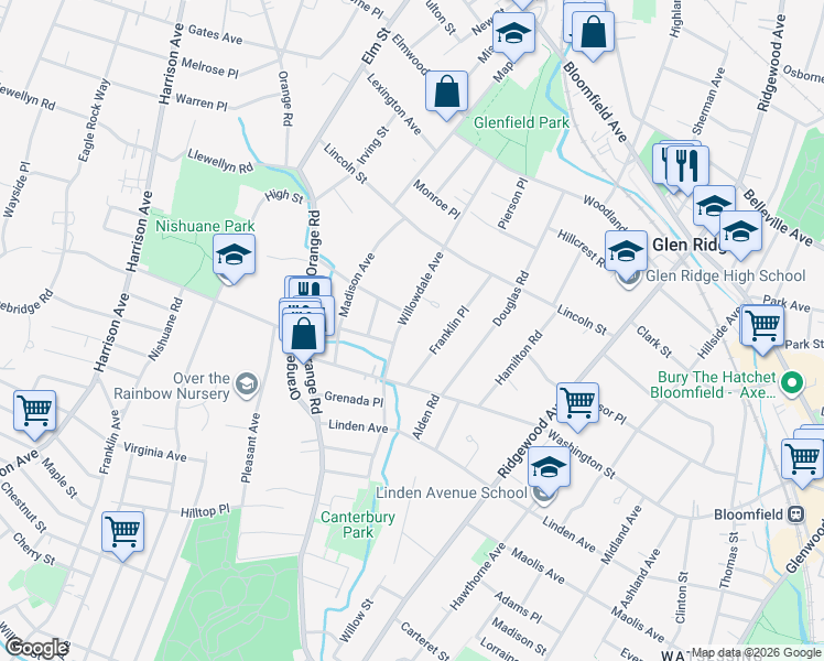 map of restaurants, bars, coffee shops, grocery stores, and more near 108 Willowdale Avenue in Montclair