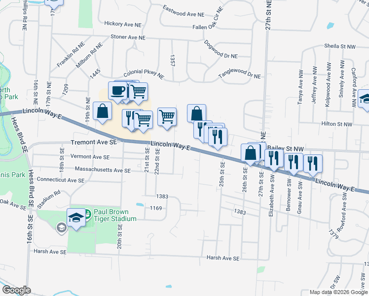 map of restaurants, bars, coffee shops, grocery stores, and more near 300 23rd Street Southeast in Massillon