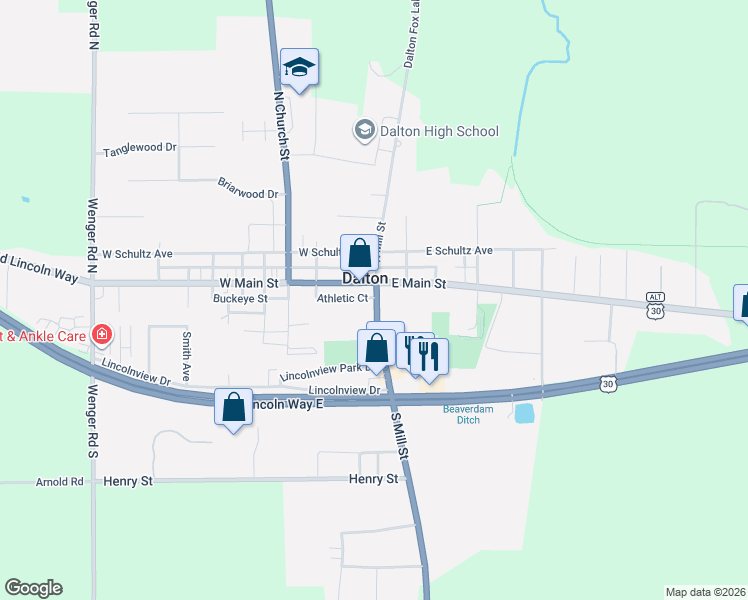 map of restaurants, bars, coffee shops, grocery stores, and more near 11 East Main Street in Dalton
