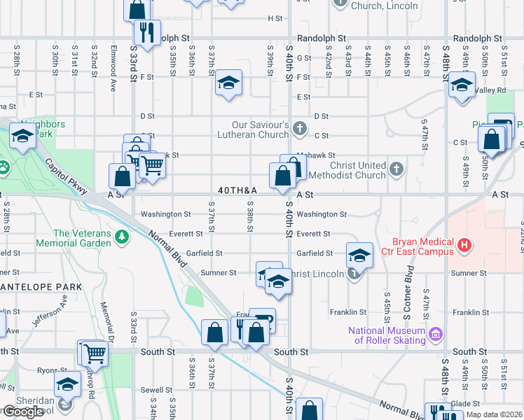 map of restaurants, bars, coffee shops, grocery stores, and more near 3845 A Street in Lincoln