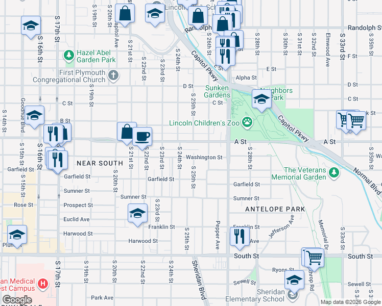 map of restaurants, bars, coffee shops, grocery stores, and more near 2432 Washington Street in Lincoln