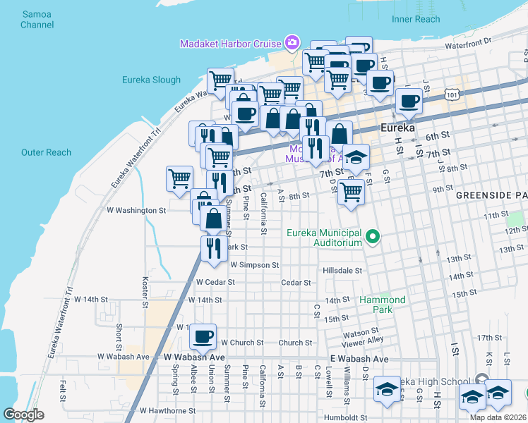 map of restaurants, bars, coffee shops, grocery stores, and more near California Street & West Washington Street in Eureka