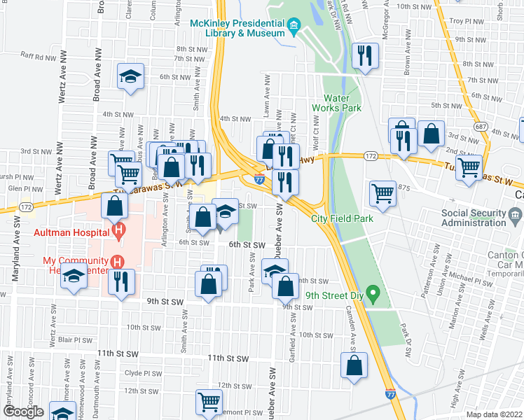 map of restaurants, bars, coffee shops, grocery stores, and more near 1924 2nd Street Southwest in Canton