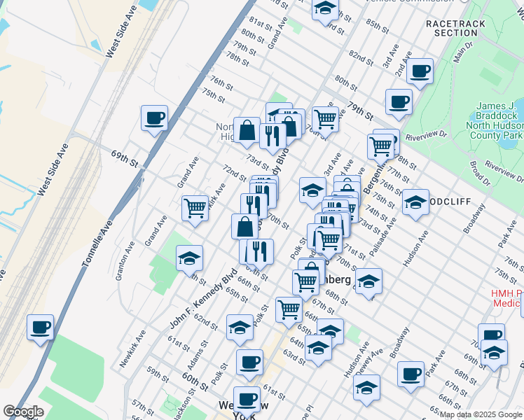 map of restaurants, bars, coffee shops, grocery stores, and more near 7020 John F. Kennedy Boulevard in North Bergen