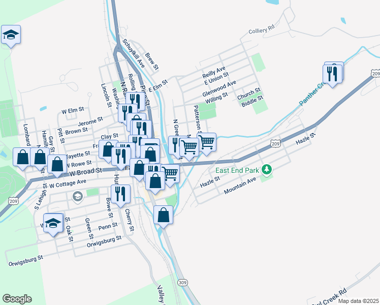 map of restaurants, bars, coffee shops, grocery stores, and more near 40 Market Street in Tamaqua