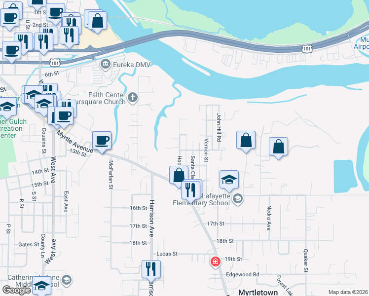 map of restaurants, bars, coffee shops, grocery stores, and more near 1235 Hoover St in Eureka