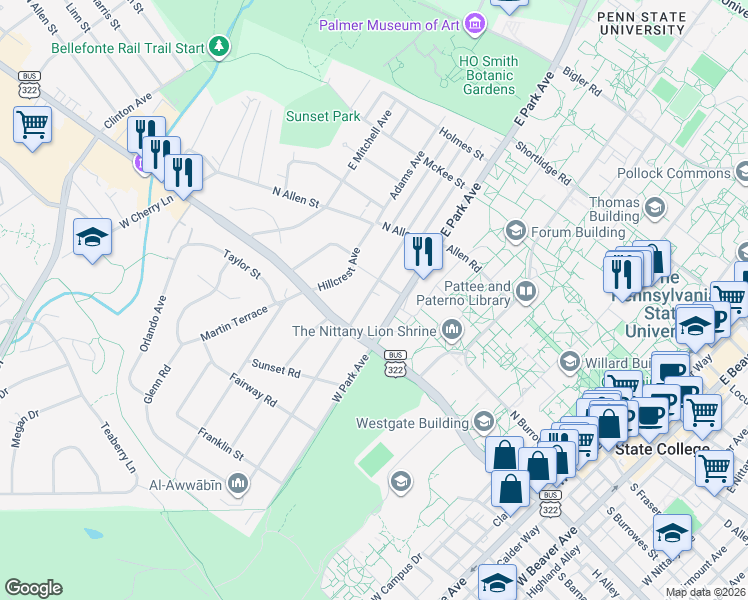 map of restaurants, bars, coffee shops, grocery stores, and more near 524 Burrowes Road in State College