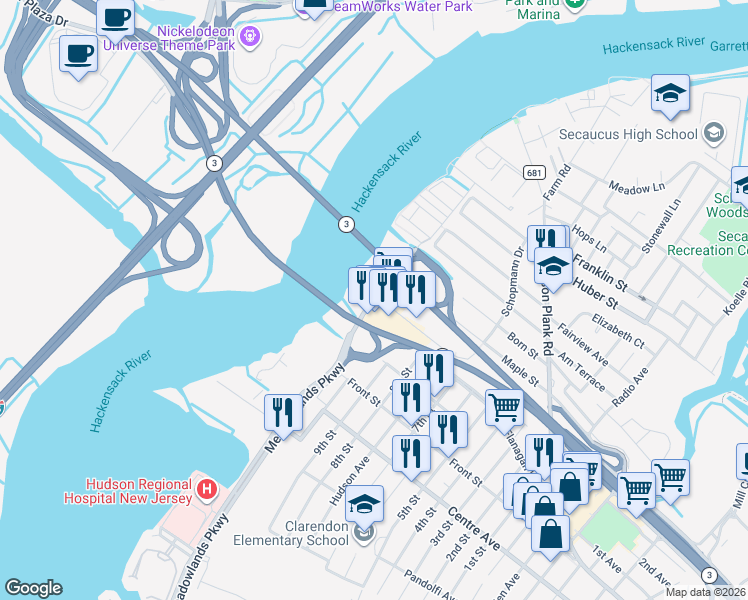 map of restaurants, bars, coffee shops, grocery stores, and more near 2 Meadowlands Pkwy in Secaucus