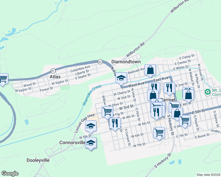 map of restaurants, bars, coffee shops, grocery stores, and more near 301-399 W Avenue in Mount Carmel