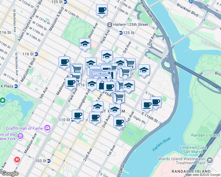 map of restaurants, bars, coffee shops, grocery stores, and more near 2139 3rd Avenue in New York