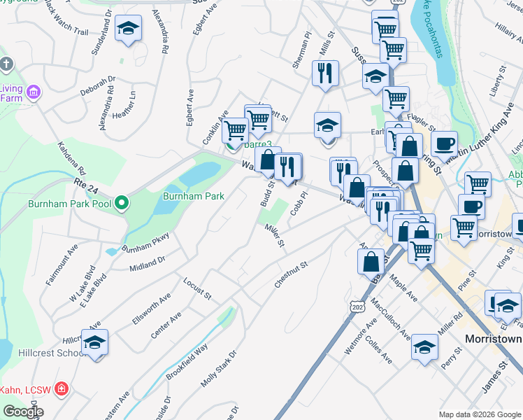 map of restaurants, bars, coffee shops, grocery stores, and more near 24 Budd Street in Morristown