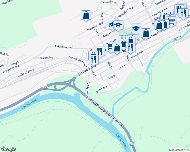 map of restaurants, bars, coffee shops, grocery stores, and more near 1 Lehigh Avenue in Palmerton