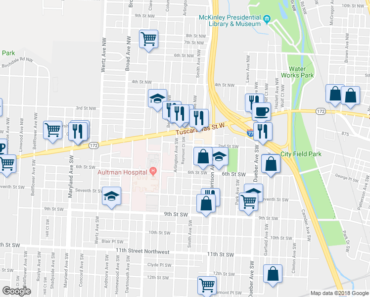 map of restaurants, bars, coffee shops, grocery stores, and more near 208 Raymont Court Southwest in Canton