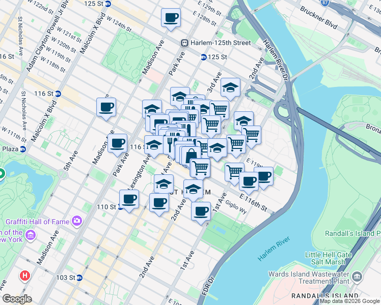 map of restaurants, bars, coffee shops, grocery stores, and more near 226 East 118th Street in New York
