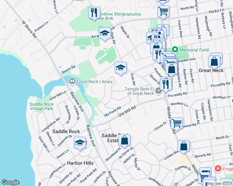 map of restaurants, bars, coffee shops, grocery stores, and more near 12 William Penn Road in Great Neck
