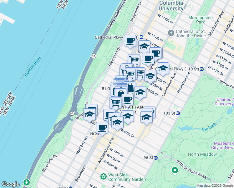map of restaurants, bars, coffee shops, grocery stores, and more near 245 West 101st Street in New York
