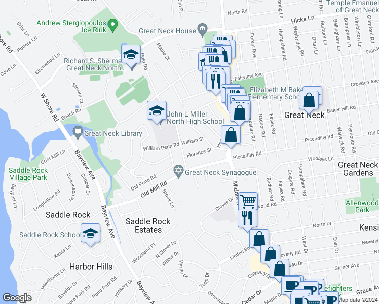 map of restaurants, bars, coffee shops, grocery stores, and more near 30 Florence Street in Great Neck