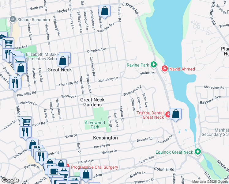 map of restaurants, bars, coffee shops, grocery stores, and more near 6A Hutchinson Court in Great Neck