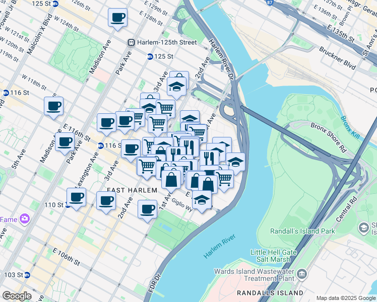 map of restaurants, bars, coffee shops, grocery stores, and more near 2336 1st Avenue in New York