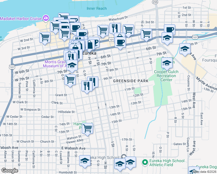 map of restaurants, bars, coffee shops, grocery stores, and more near 936 J Street in Eureka
