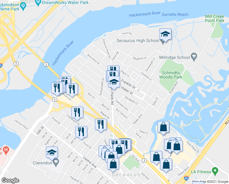 map of restaurants, bars, coffee shops, grocery stores, and more near 1520 Paterson Plank Road in Secaucus