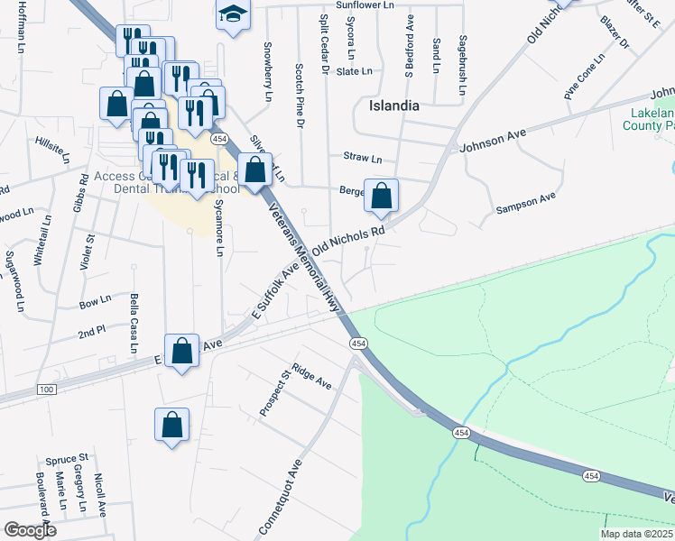 map of restaurants, bars, coffee shops, grocery stores, and more near 62 Sutton Place in Islandia